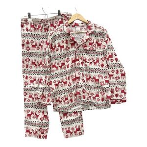 Hanna Andersson Women M Cotton Pajamas Red Christmas Holiday Deer Top Bottom Set